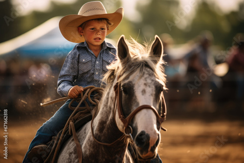 young cowboy in hat riding a horse on the ranch, rising new generation photo