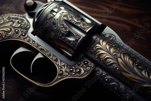 Old Vintage engraved western revolver gun top view