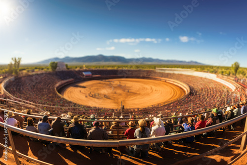panoramic rodeo arena with people during entertainment