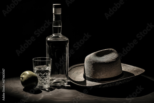 black and white picture of bottle and glass with mezcal and mexican straw hat on wooden table