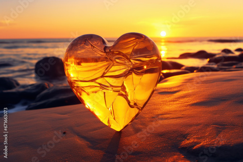 Heart shaped amber on sand on the beach at sunset photo