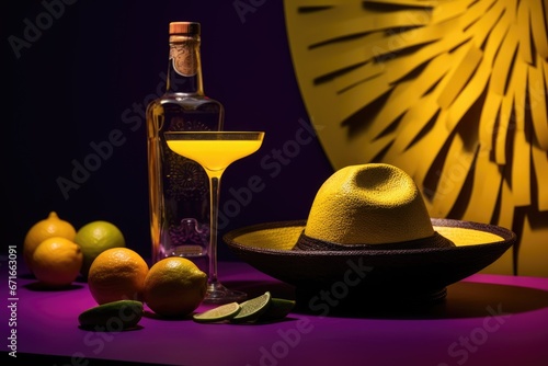 bottle and cocktail with straw hat on purple yellow background