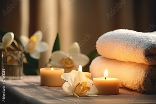 Calm spa area in new wellness center. Candles  towels  massage table. Lovely arrangement in wellness center s spa.