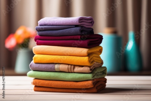 Colorful clean towels stacked near washing machine.