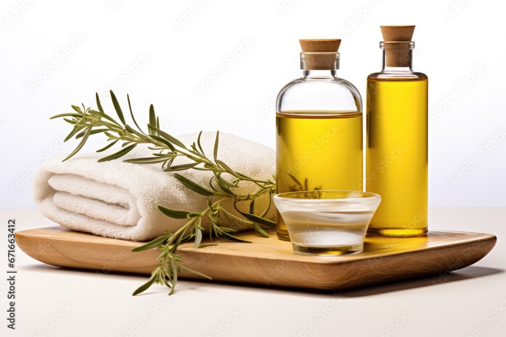 Tea tree oil spa composition shown on white backdrop. Tea tree oil spa composition shown on white backdrop.