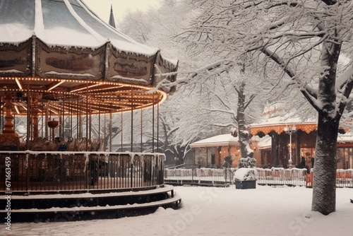 Winter scene in Tivoli Gardens, Copenhagen. Snowy fir tree and blurred carousel. Generative AI