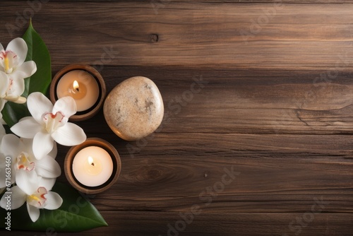 Tea candle on wooden surface for spa nail care.