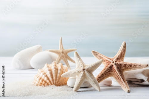 Starfish and sea salt on a table made of white wood with spa stones.