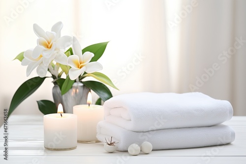 Spa set on white table, including beauty and fashion items. Spa towel with candle, plumeria, and tree also on table.