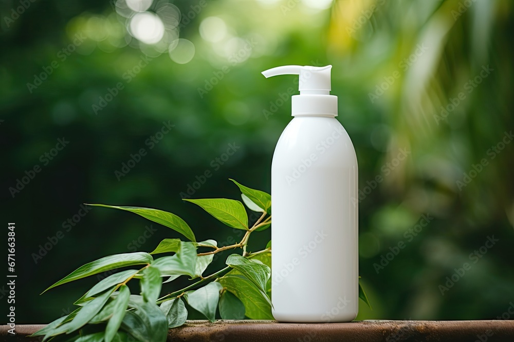 Natural beauty products displayed with a blank labeled cream bottle against a green foliage background. Natural beauty products displayed with a blank labeled cream bottle against a green foliage background.