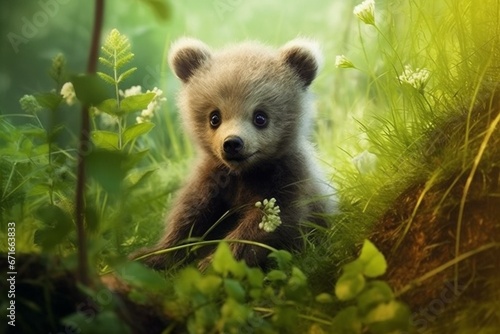 adorable bear cub exploring the forest. Generative AI