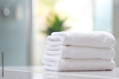 White towels on white table against blurry bathroom background. Ideal for showcasing products.