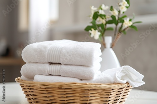 White towel on bathroom basket, representing cleanliness and well-being. Focus close, selective.