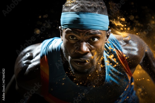 Capturing the powerful a sprinter leaving the starting block, showcasing the intensity and determination of the race. The focus is on the muscles and the force, portraying the energy. Generative ai photo