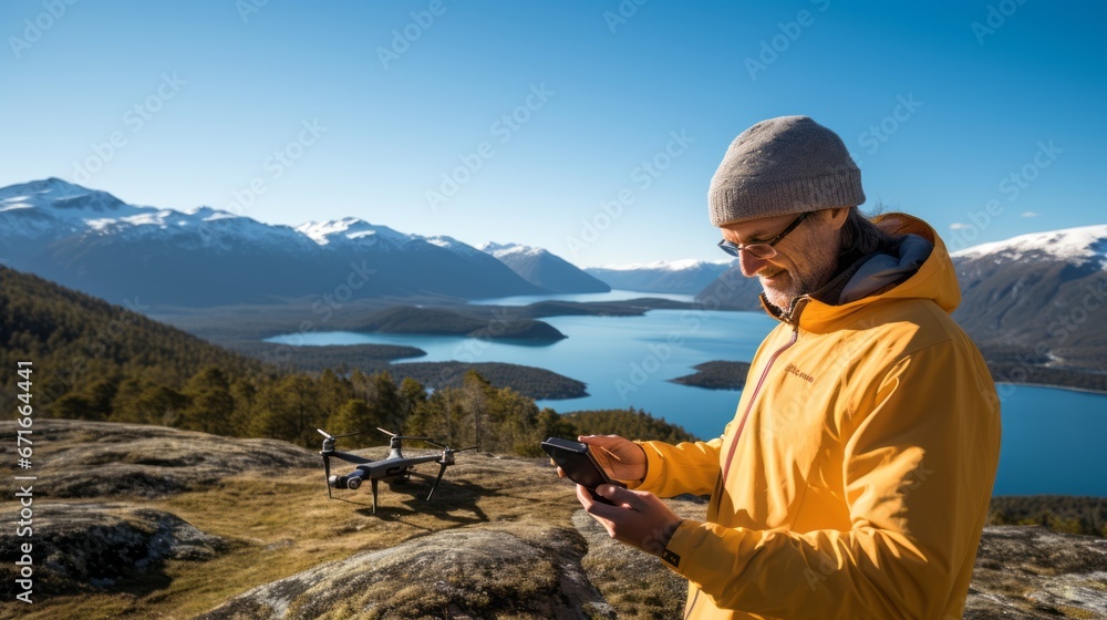 caucasian traveller male man using drone control to taking a aerial view topview photo of beautiful landscape lake mountain stunning scenery landscape travel concept