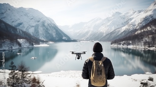 adult male man traveller using smartphone and remote control drone for taking aerial topview landscape photograph while travel vacation in snow mountain and ice lake winter time photo