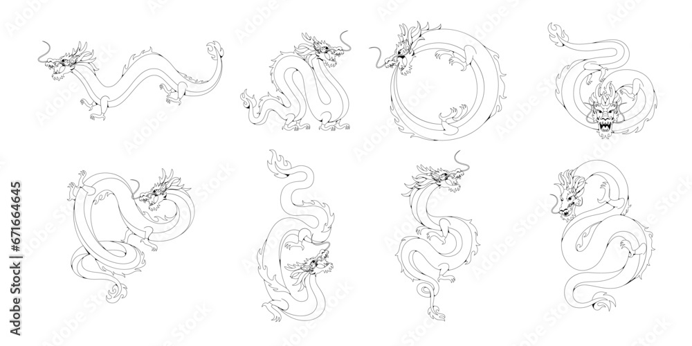 Fototapeta Vector Chinese Traditional Dragons Set Characters Illustration Isolated