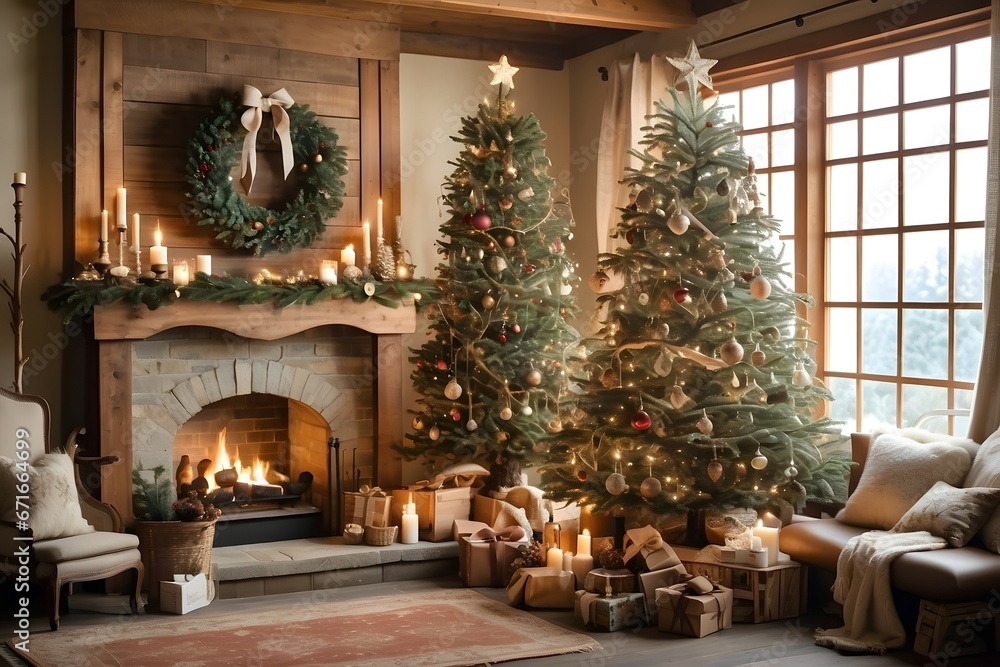 fireplace with christmas tree and decorations