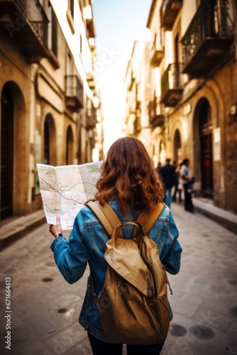 Caucasian traveler woman in european city with a map Young a young female tourist reading a map on the street in old town europe