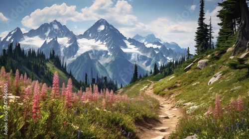 Wildflowers growing alongside a mountain trail, with snowy peaks in the distant horizon. © Ahmad