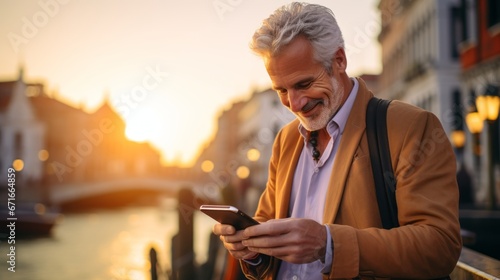 old man greyhair using smartphone checking reservation booking hotel for checkin while travel in europe oldtown famous destination smart casual cloth smiling happiness travel concept photo