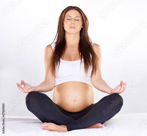 Yoga, meditation and pregnant with woman, fitness and wellness with breathing, peace and calm. Yogi, home and girl with lotus, relax or stomach with pilates, zen or chakra with health or pregnancy