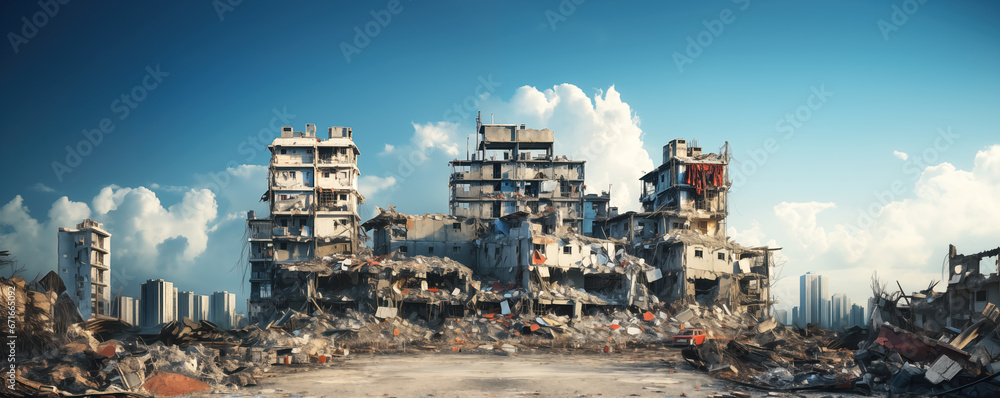 Obraz premium Illustration of the city destroyed during war or earthquake.