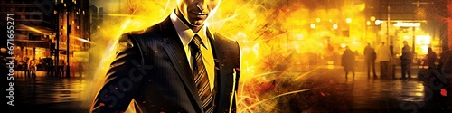 modern business web banner firey background gold yellow and red business man