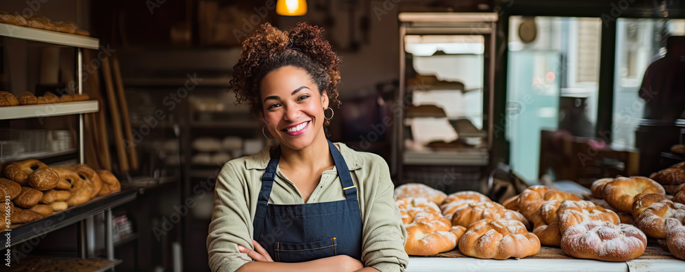 Portrait or woman in bakery standing in front of fresh bread. Bakery wide banner. Portrait or woman in bakery standing in front of fresh bread. Bakery wide banner.