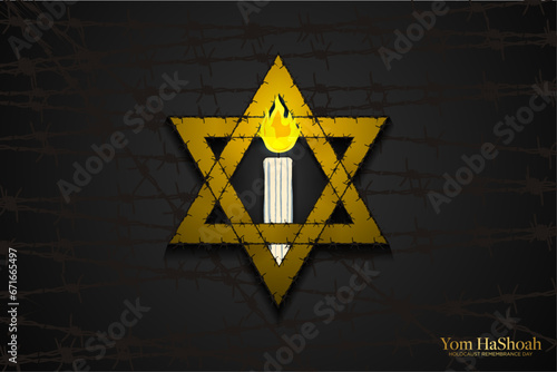 Yom HaShoah Holocaust Remembrance Day Illustration Poster. Lit candles inside a yellow star of David on barbed wire background. Candle with concentration camp stripes. Vector Illustration.
