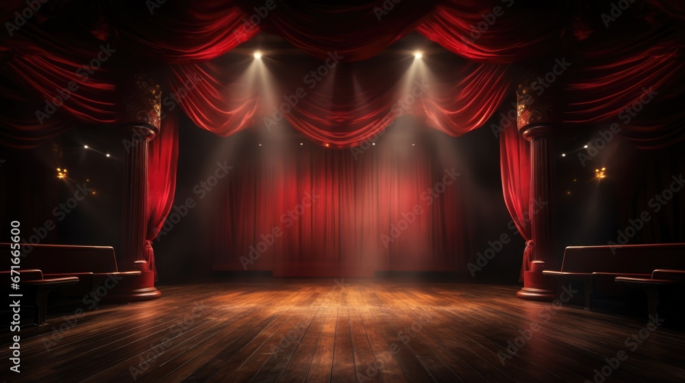 Magic theater stage red curtains Show Spotlight - obrazy, fototapety, plakaty 