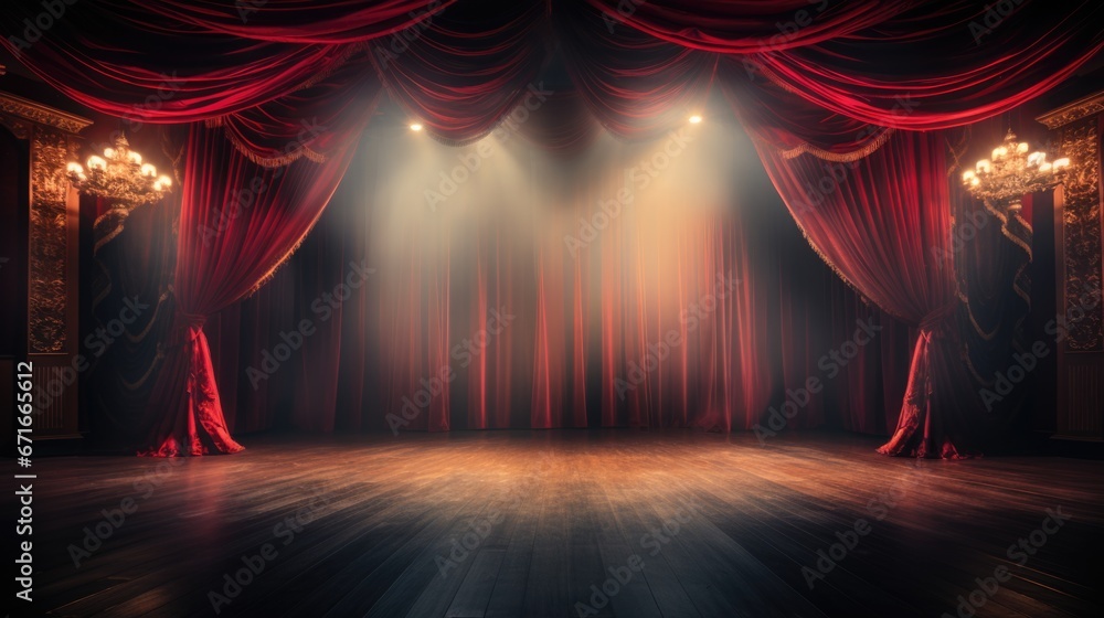 Magic theater stage red curtains Show Spotlight - obrazy, fototapety, plakaty 