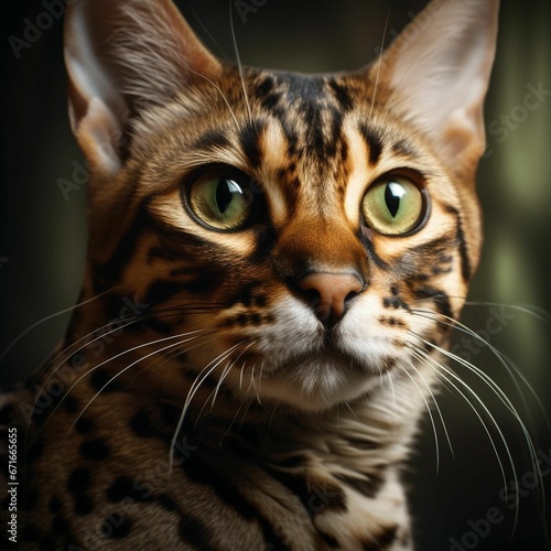 AI generated illustration of a cat with bright green eyes, gazing up in a curious manner photo