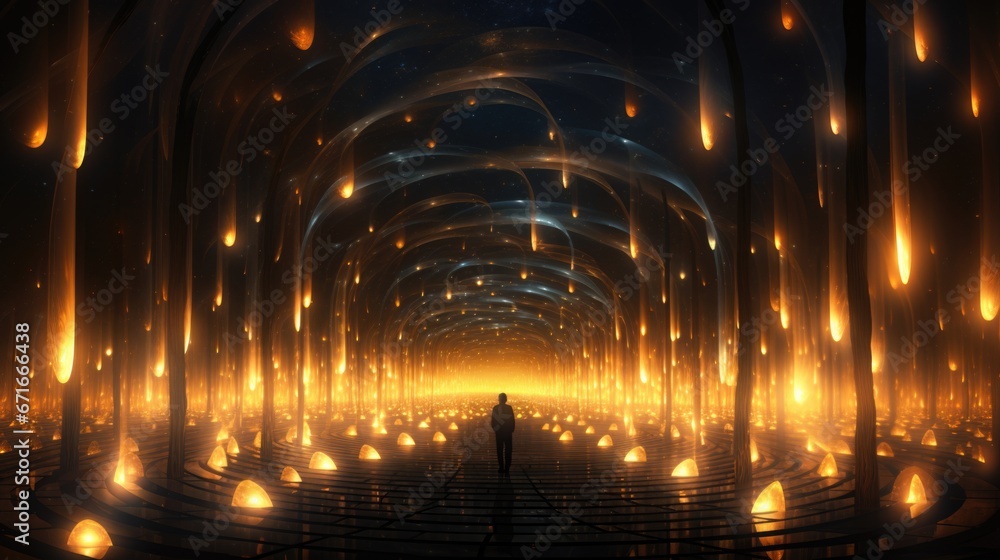 a tunnel of glowing arcs with thin white lines a tunnel of glowing arcs with thin white lines