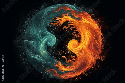 Teal water and orange fire in yin-yang harmony on a dark background. Esoteric spirituality illustration. Generative AI