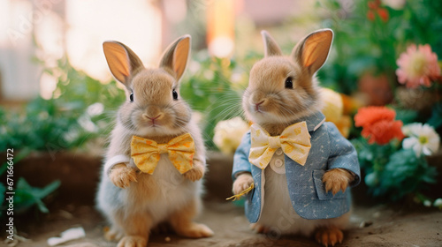 おめかしをした２匹のウサギ、春を祝う © Ukiuki-tsuguri