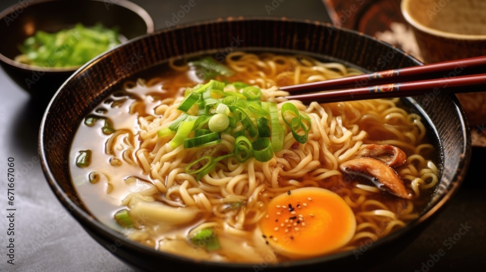 Photo of Japanese ramen soup with chopsticks Photo of Japanese ramen soup with chopsticks