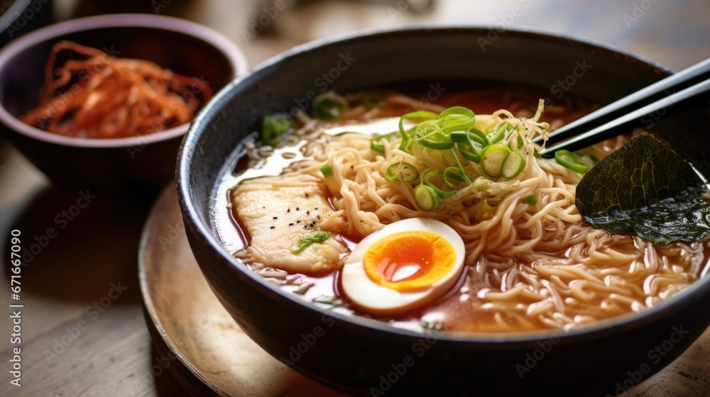 Photo of Japanese ramen soup with chopsticks Photo of Japanese ramen soup with chopsticks