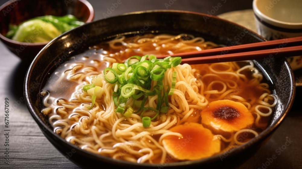 Photo of Japanese ramen soup with chopsticks Photo of Japanese ramen soup with chopsticks