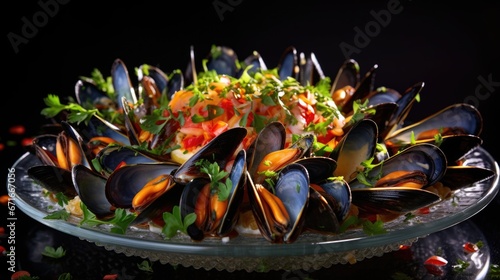 Mussels with illumination, a symphony of light and texture