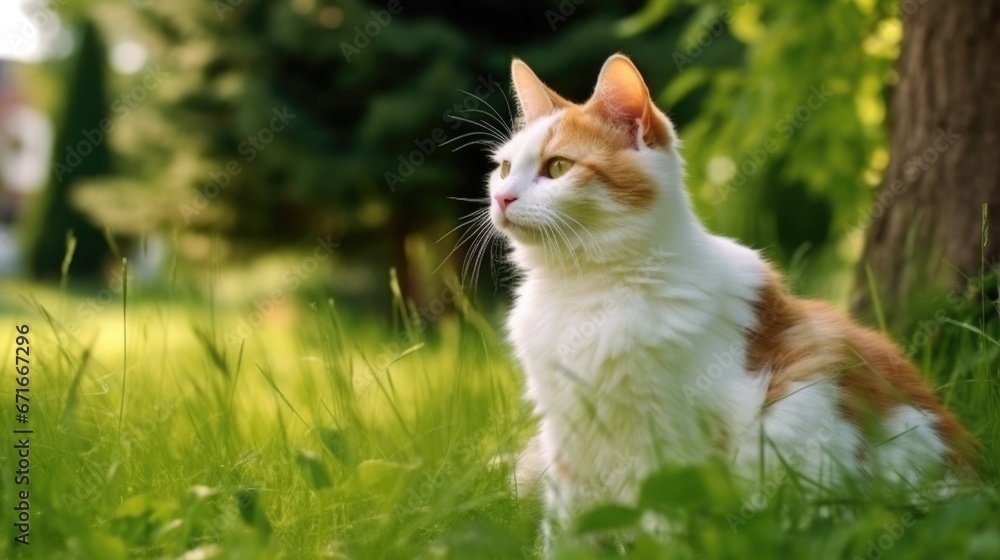 The cat looks to the side and sits on a green lawn. The cat looks to the side and sits on a green lawn.