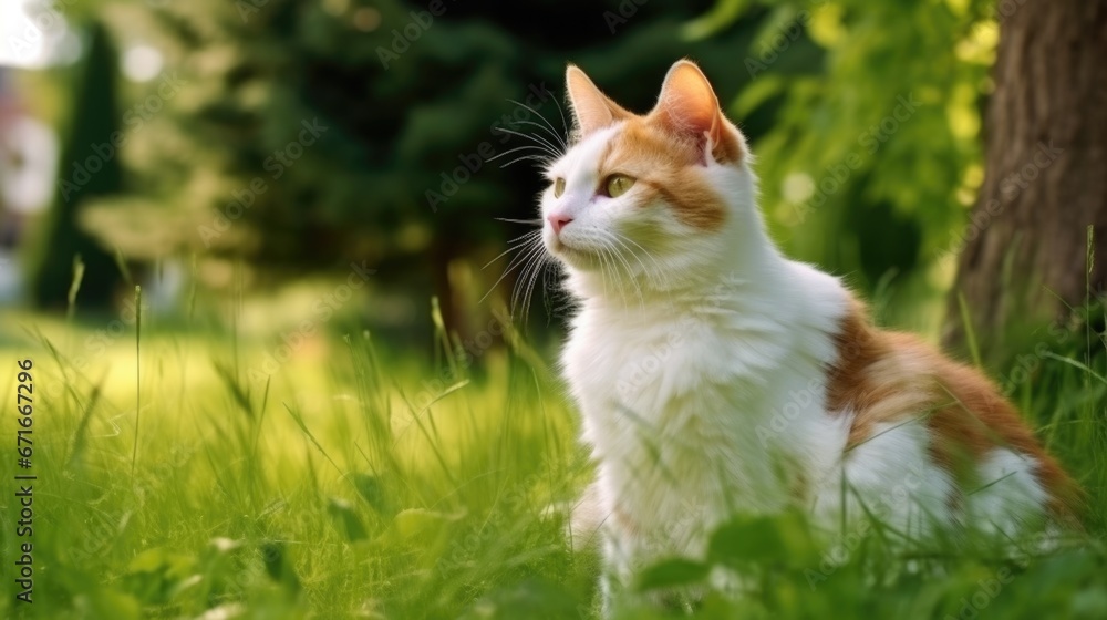 The cat looks to the side and sits on a green lawn.