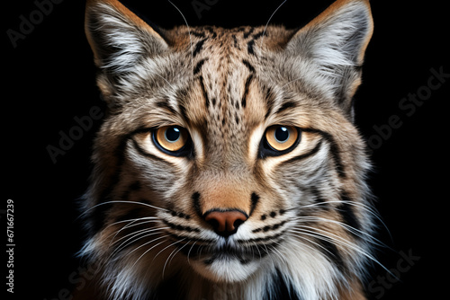 Close-up portrait of eurasian lynx isolated on black background. AI generated content.