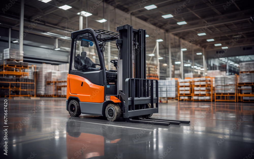 A forklift in a large luminous warehouse