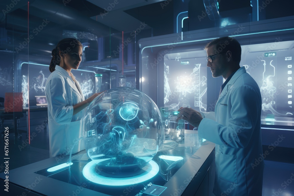 Scientist and doctor looking at a crystal ball in a lab, futuristic research center, modern technological laboratory, Modern Medical Research Laboratory of High-Tech Equipment Scientist and doctor looking at a crystal ball in a lab, futuristic research center, modern technological laboratory, Modern Medical Research Laboratory of High-Tech Equipment