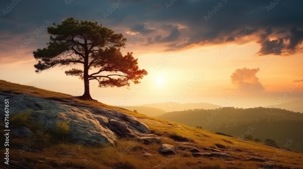 Alone tree on the mountain hill cliff in the forest at the sunset or evening time.