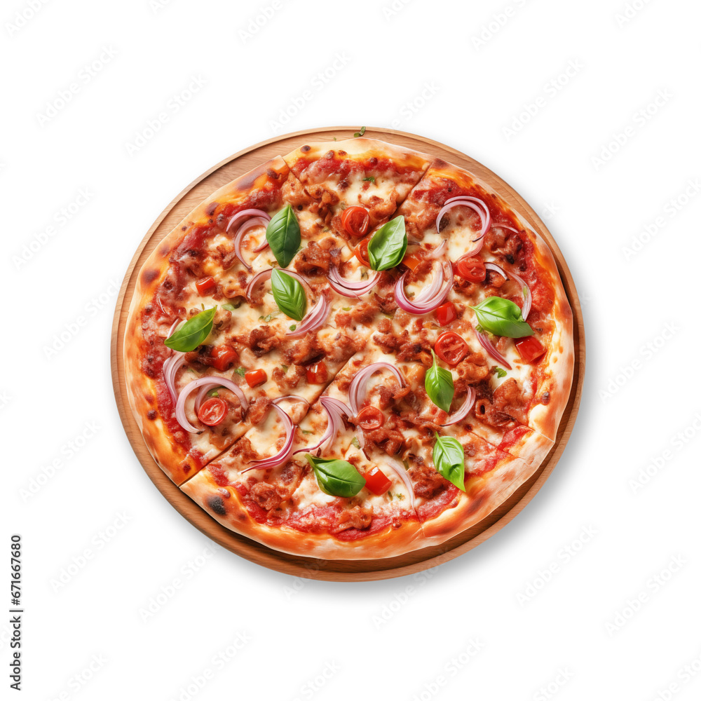 Italian pizza on wooden pizza board isolated on transparent background, flat lay, top view shot. AI generated content. Italian pizza on wooden pizza board isolated on transparent background, flat lay, top view shot. AI generated content.