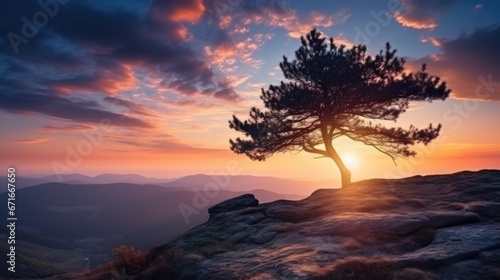 Alone tree on the mountain hill cliff in the forest at the sunset or evening time.
