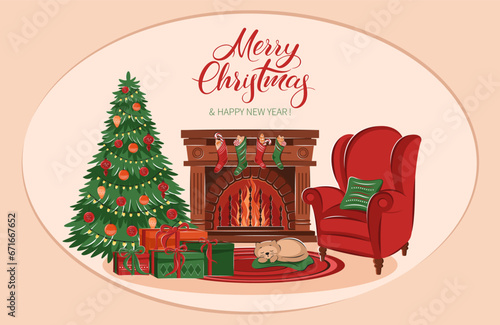 Christmas living room interior with fireplace, armchair, boxes with gifts, christmas tree and decorations. Merry Сhristmas lettering. Cozy winter vector illustration