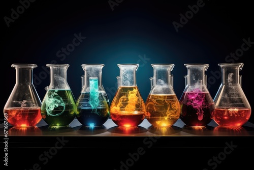 Laboratory glassware with colorful liquids on dark background, Science and chemistry concept, View of table in chemical laboratory chemical glass and different colored liquids
